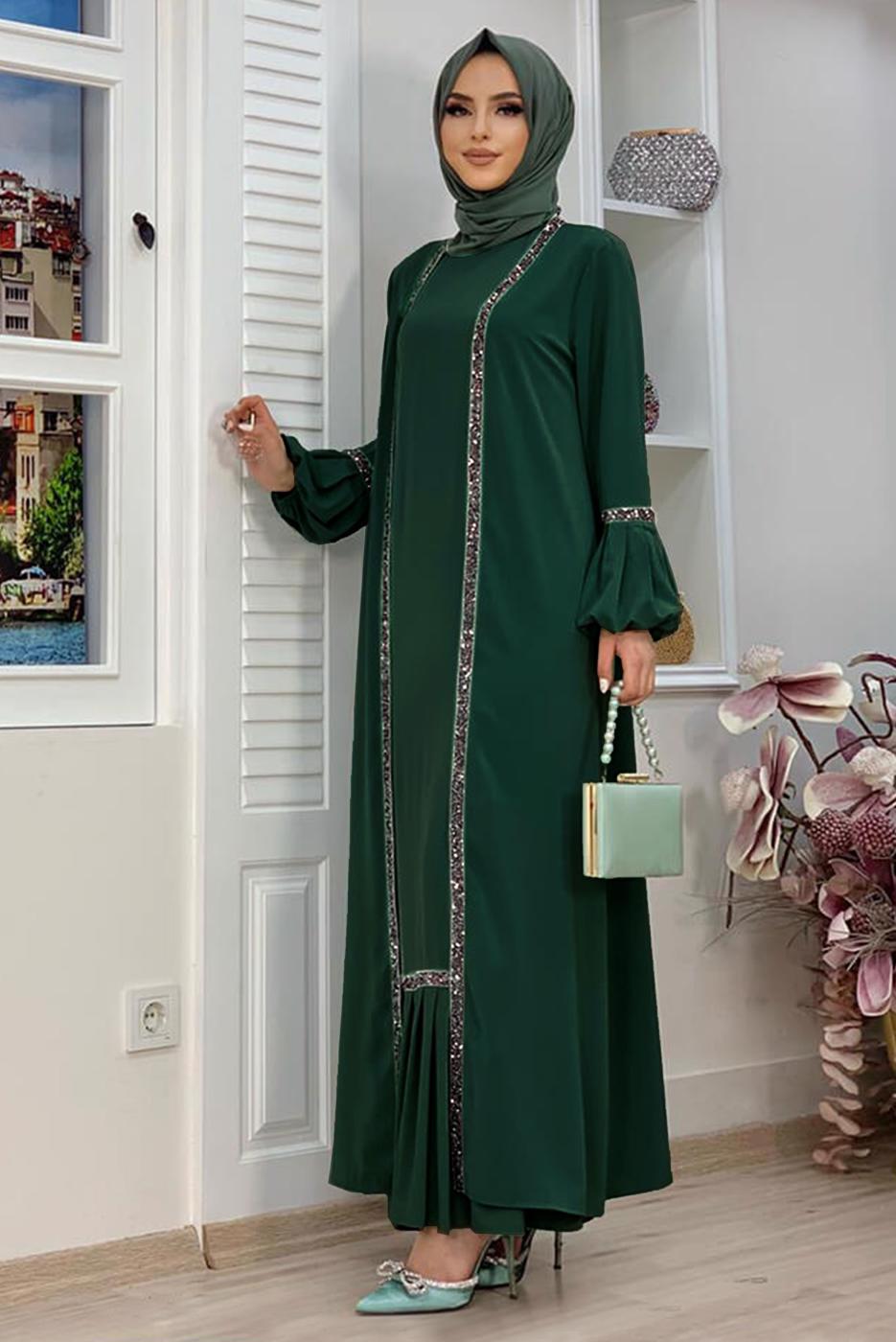 Tesettür giyim YEŞİL TAŞLI ŞERİT DETAYLI ELBİSELİ TAKIM T 7563