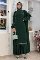 Tesettür giyim YEŞİL TAŞLI ŞERİT DETAYLI ELBİSELİ TAKIM T 7563