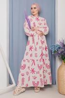 Tesettür giyim FUŞYA KUŞAKLI DESENLİ ELBİSE 7632 