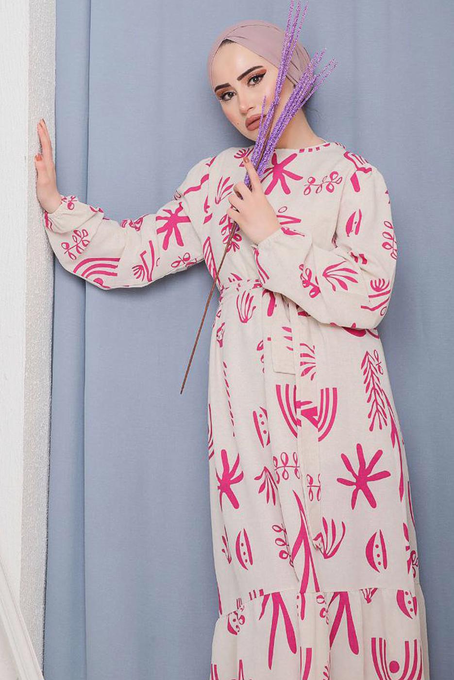 Tesettür giyim FUŞYA KUŞAKLI DESENLİ ELBİSE 7632 