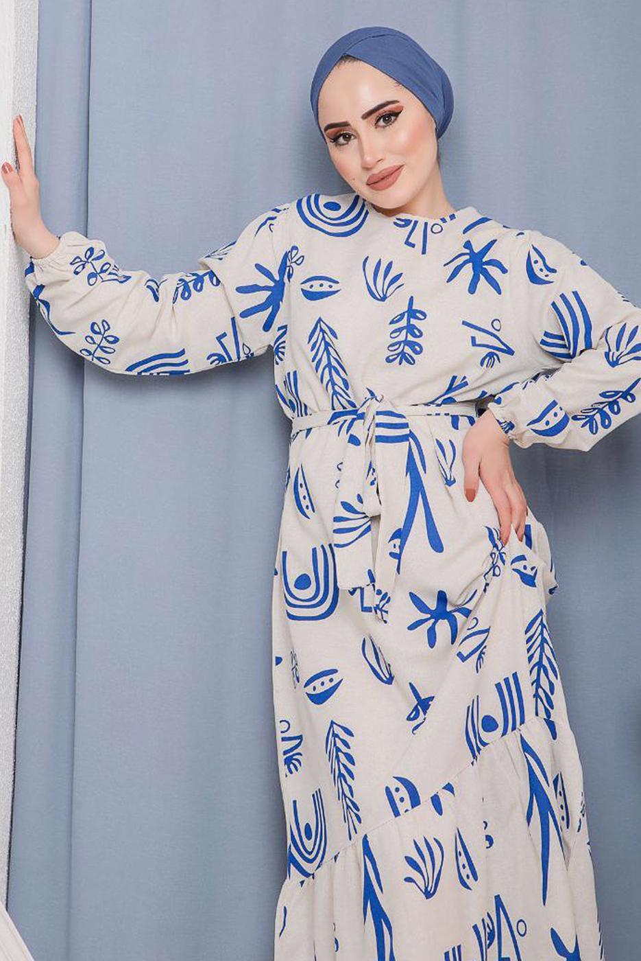 Vêtements hijab BLEU MARINE ROBE À MOTIFS ET CEINTURE 7632