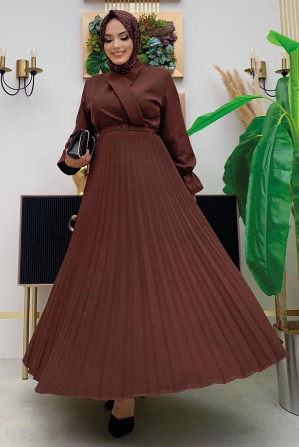 Tesettür giyim  ETEĞİ PİLİSELİ KEMERLİ ELBİSE 7743  - TRENDTESETTÜR