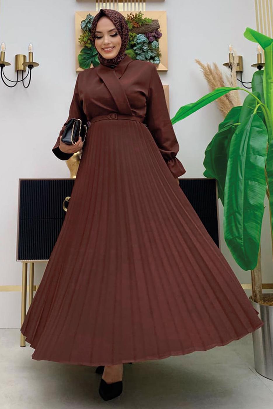 Tesettür giyim KAHVE ETEĞİ PİLİSELİ KEMERLİ ELBİSE 7743 