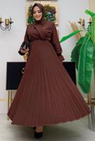 Tesettür giyim KAHVE ETEĞİ PİLİSELİ KEMERLİ ELBİSE 7743 