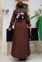 Tesettür giyim KAHVE ETEĞİ PİLİSELİ KEMERLİ ELBİSE 7743 
