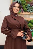 Tesettür giyim KAHVE ETEĞİ PİLİSELİ KEMERLİ ELBİSE 7743 