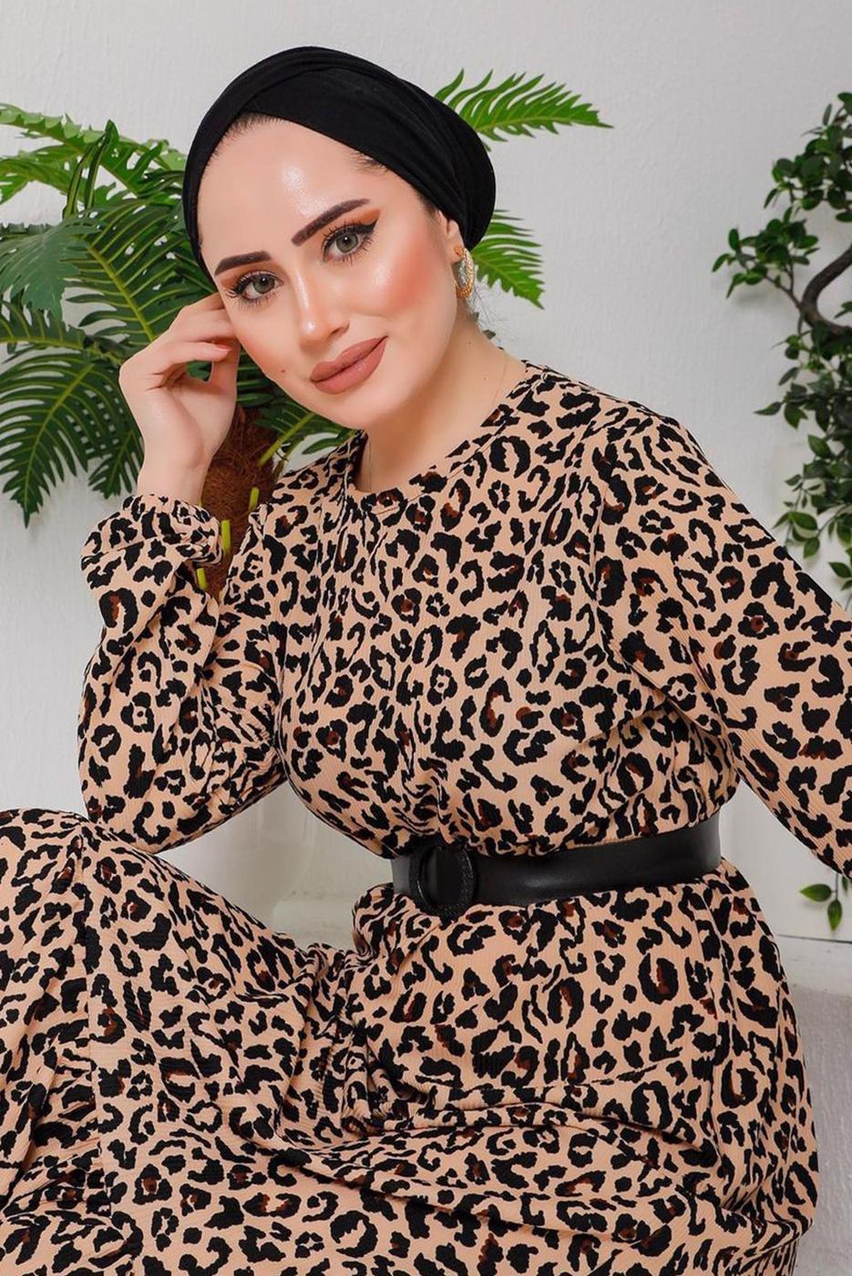 Hijab clothing TABA LEOPARD PATTERN BELTED DRESS 7922