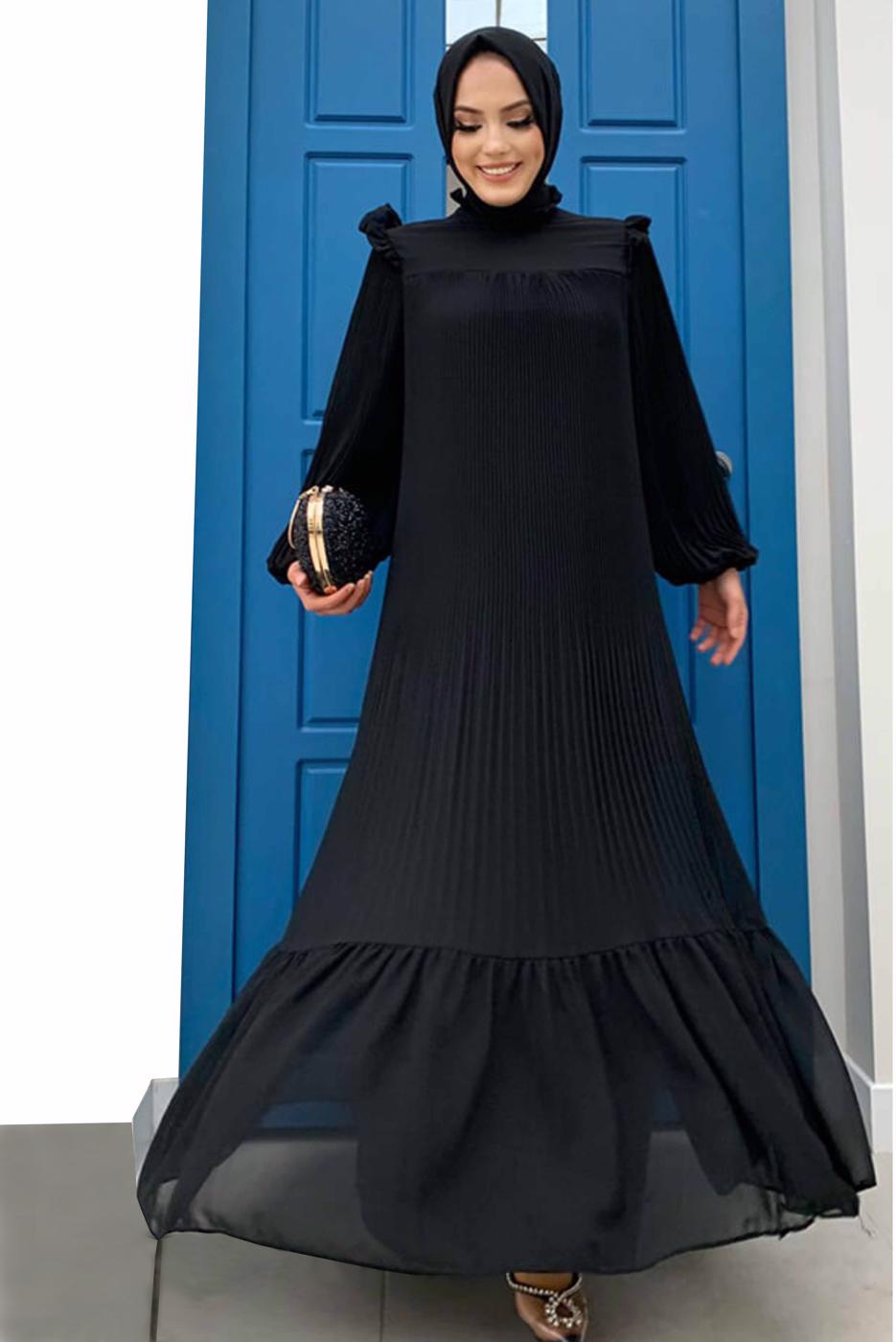 Tesettür giyim SİYAH OMUZLARI FIRFIR DETAYLI PİLİSELİ ELBİSE 8263