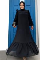 Tesettür giyim SİYAH OMUZLARI FIRFIR DETAYLI PİLİSELİ ELBİSE 8263