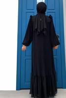 Tesettür giyim SİYAH OMUZLARI FIRFIR DETAYLI PİLİSELİ ELBİSE 8263