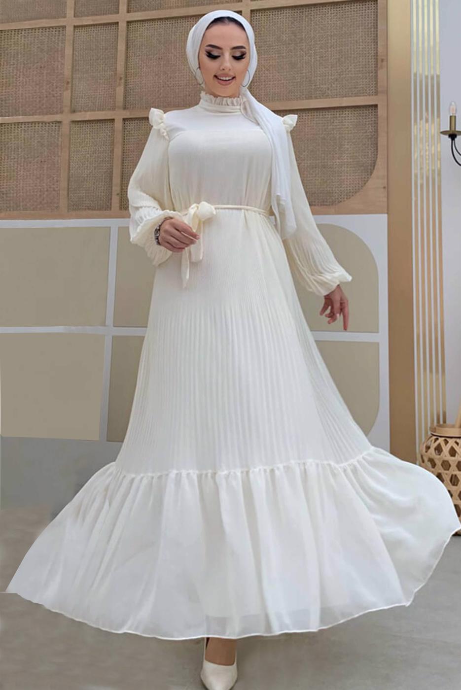 Hijab clothing ECRU RUFFLE DETAIL PLEATED DRESS 8263