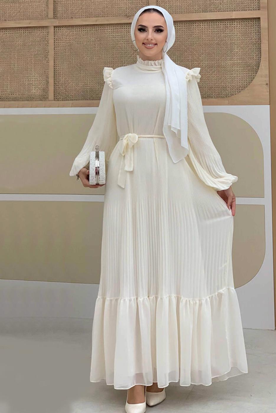 Hijab clothing ECRU RUFFLE DETAIL PLEATED DRESS 8263