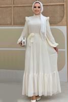 Hijab clothing ECRU RUFFLE DETAIL PLEATED DRESS 8263