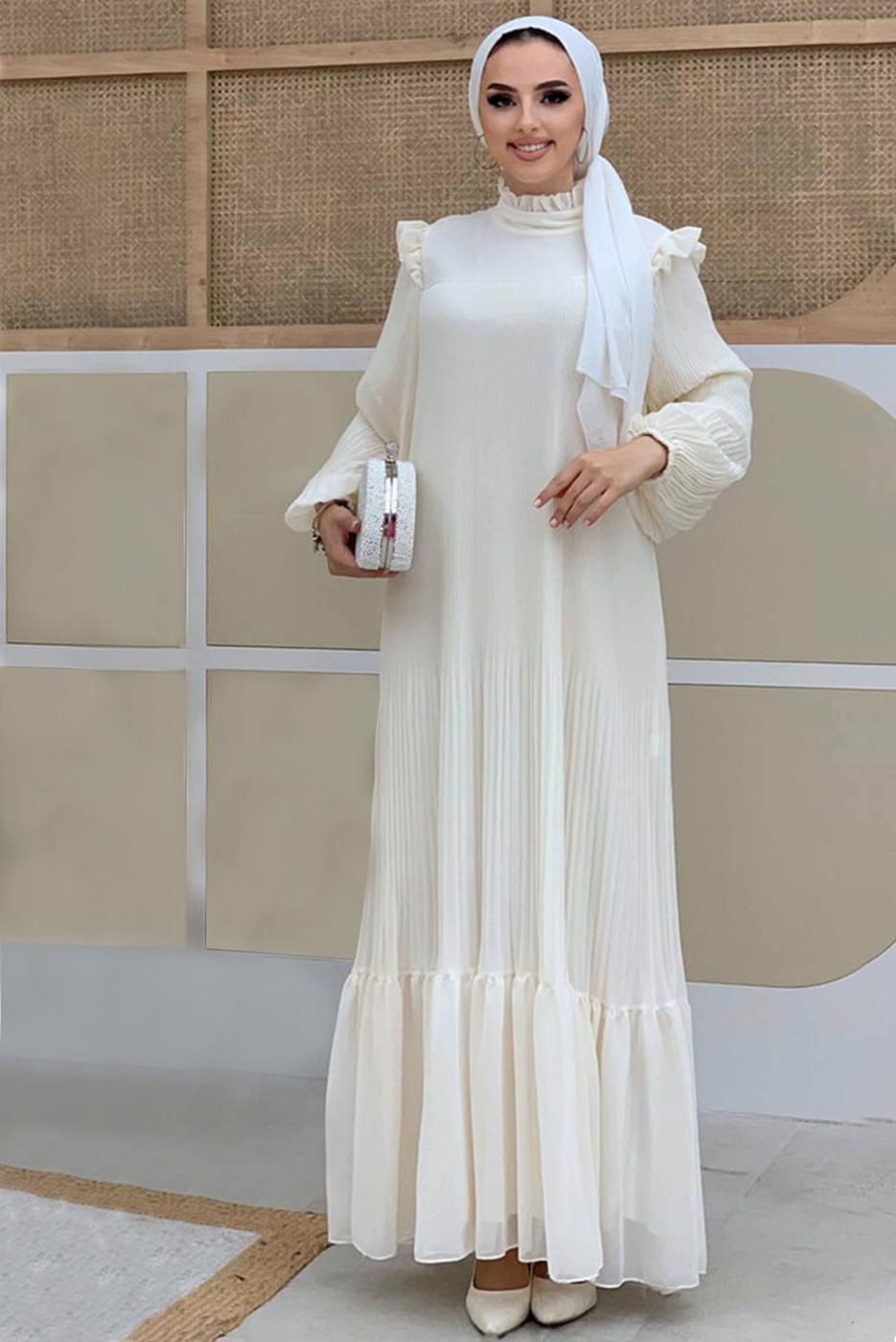 Hijab clothing ECRU RUFFLE DETAIL PLEATED DRESS 8263