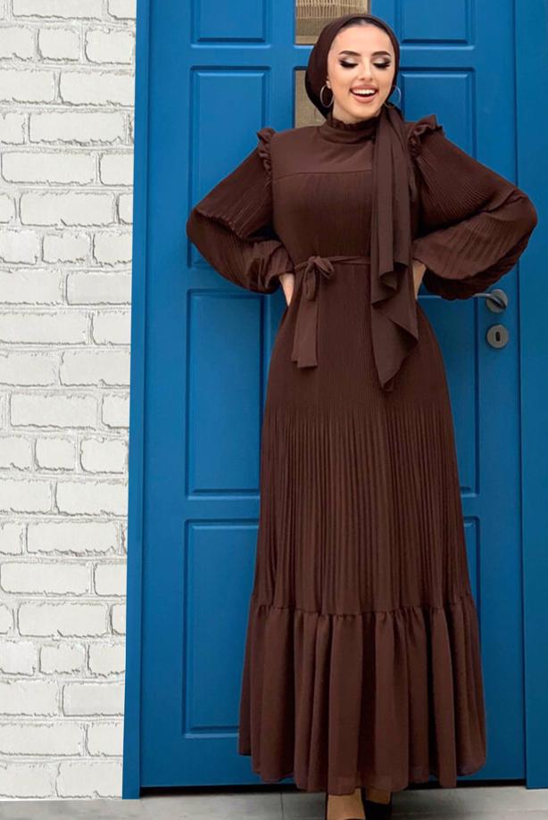 Tesettür giyim  OMUZLARI FIRFIR DETAYLI PİLİSELİ ELBİSE 8263 - TRENDTESETTÜR