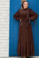 Tesettür giyim KAHVE OMUZLARI FIRFIR DETAYLI PİLİSELİ ELBİSE 8263