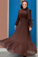 Tesettür giyim KAHVE OMUZLARI FIRFIR DETAYLI PİLİSELİ ELBİSE 8263