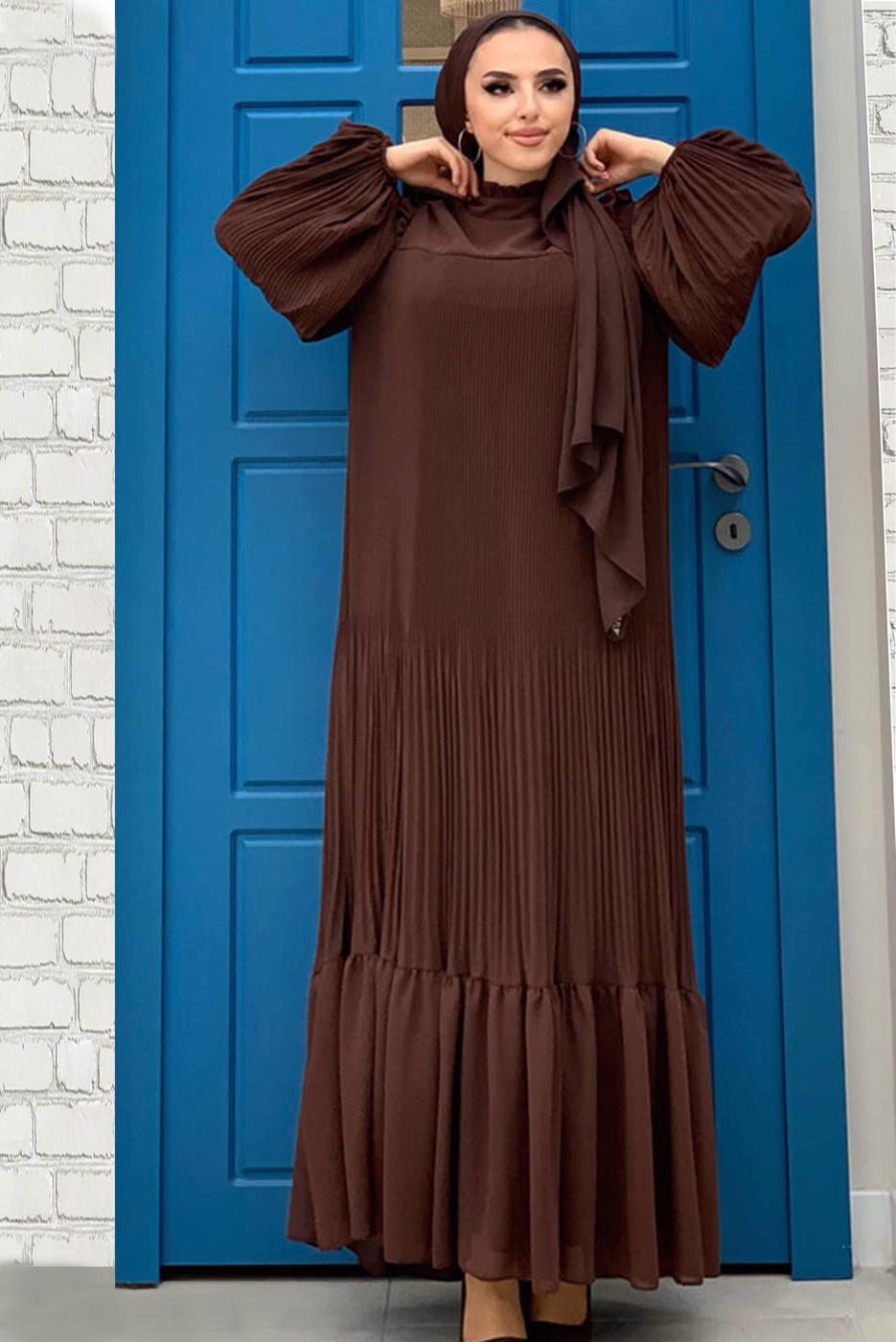 Tesettür giyim KAHVE OMUZLARI FIRFIR DETAYLI PİLİSELİ ELBİSE 8263