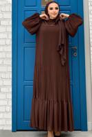 Tesettür giyim KAHVE OMUZLARI FIRFIR DETAYLI PİLİSELİ ELBİSE 8263