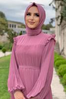 Tesettür giyim PUDRA OMUZLARI FIRFIR DETAYLI PİLİSELİ ELBİSE 8263