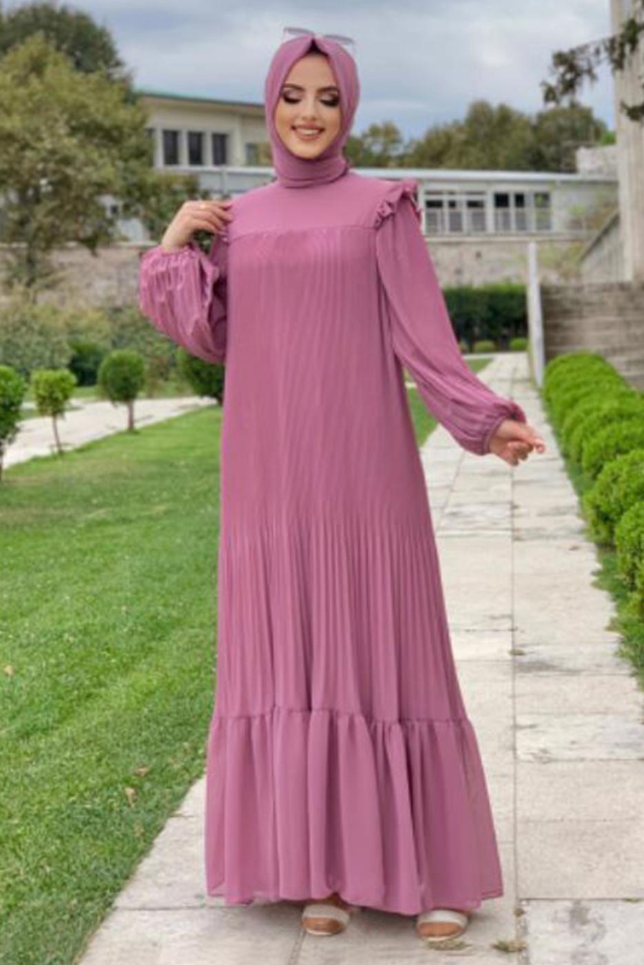 Tesettür giyim PUDRA OMUZLARI FIRFIR DETAYLI PİLİSELİ ELBİSE 8263