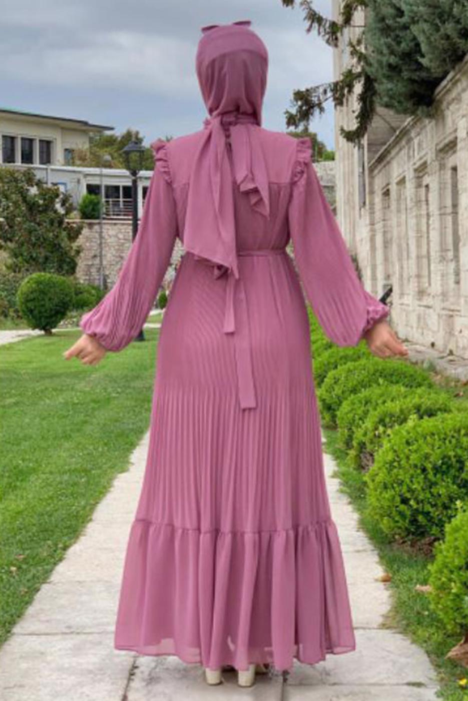 Tesettür giyim PUDRA OMUZLARI FIRFIR DETAYLI PİLİSELİ ELBİSE 8263