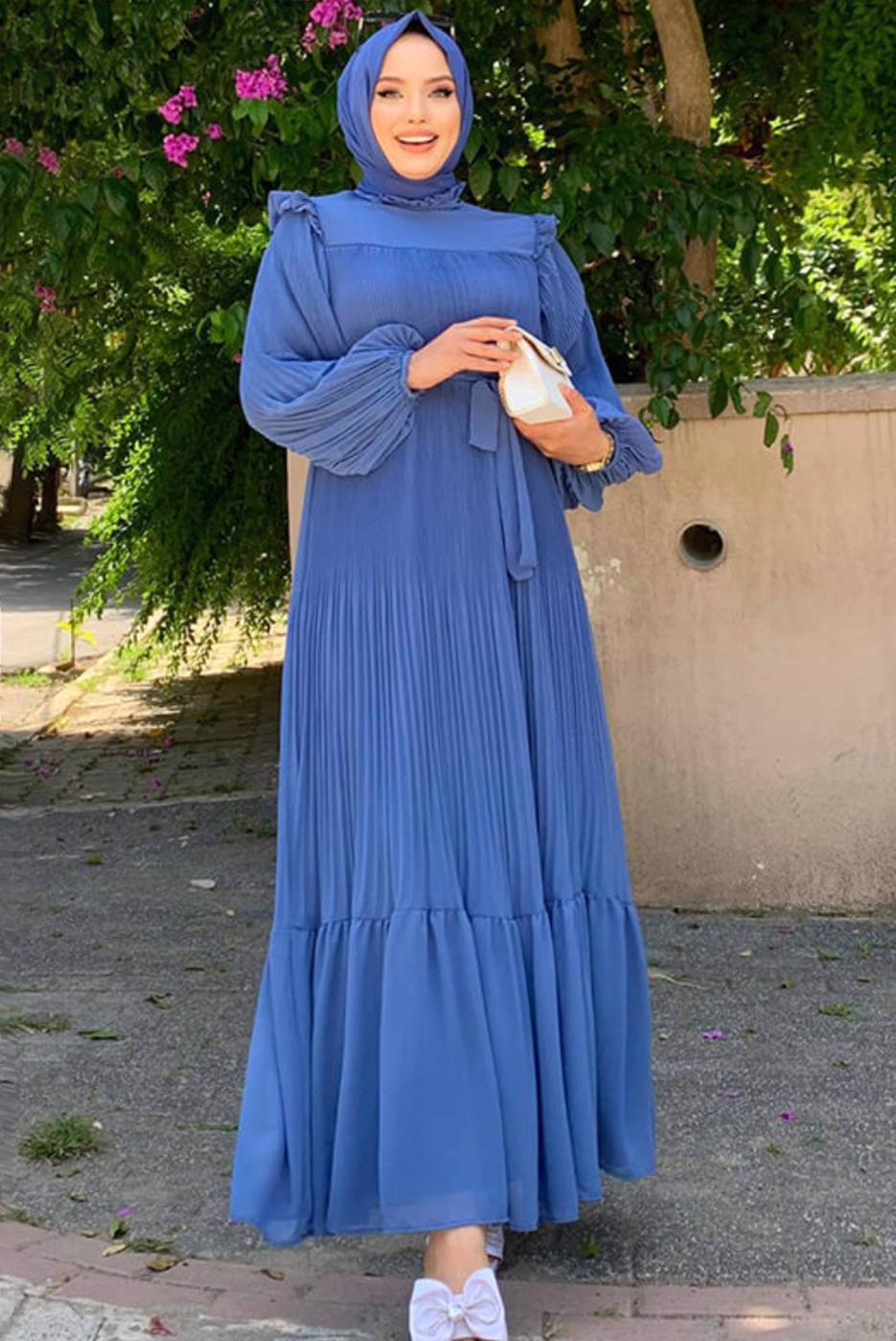 Tesettür giyim LACİVERT OMUZLARI FIRFIR DETAYLI PİLİSELİ ELBİSE 8263