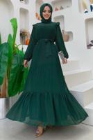 Tesettür giyim YEŞİL OMUZLARI FIRFIR DETAYLI PİLİSELİ ELBİSE 8263