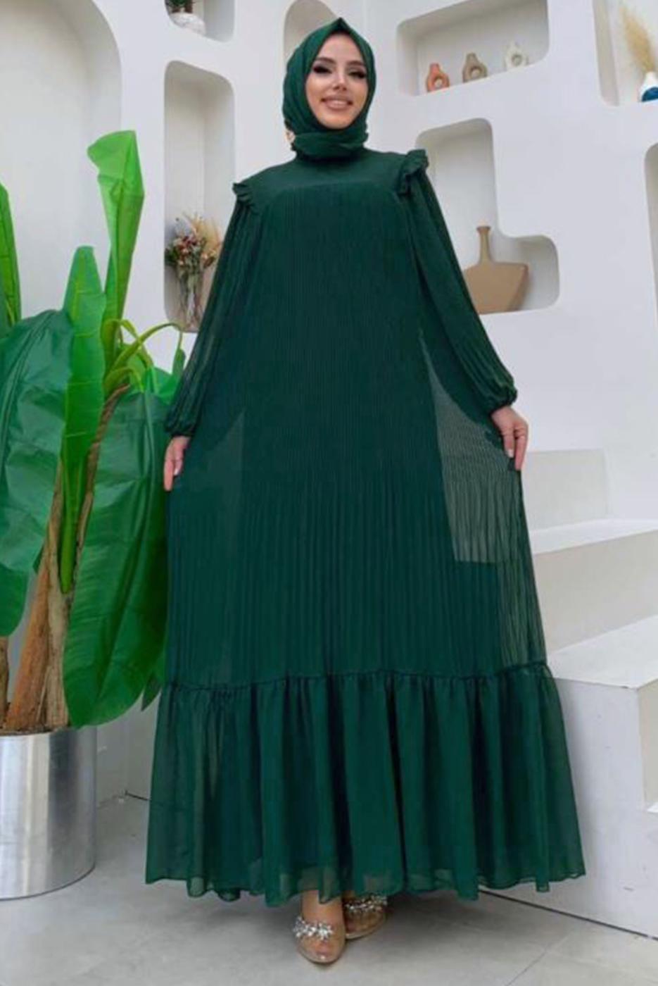 Tesettür giyim YEŞİL OMUZLARI FIRFIR DETAYLI PİLİSELİ ELBİSE 8263