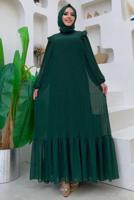 Tesettür giyim YEŞİL OMUZLARI FIRFIR DETAYLI PİLİSELİ ELBİSE 8263