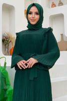 Tesettür giyim YEŞİL OMUZLARI FIRFIR DETAYLI PİLİSELİ ELBİSE 8263