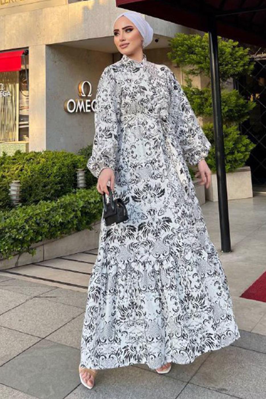 Tesettür giyim BEYAZ DESENLİ KUŞAKLI KETEN ELBİSE 8337 