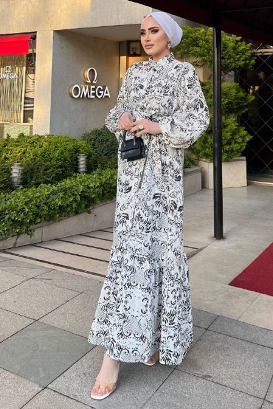 Tesettür giyim BEYAZ DESENLİ KUŞAKLI KETEN ELBİSE 8337 