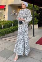 Tesettür giyim BEYAZ DESENLİ KUŞAKLI KETEN ELBİSE 8337 