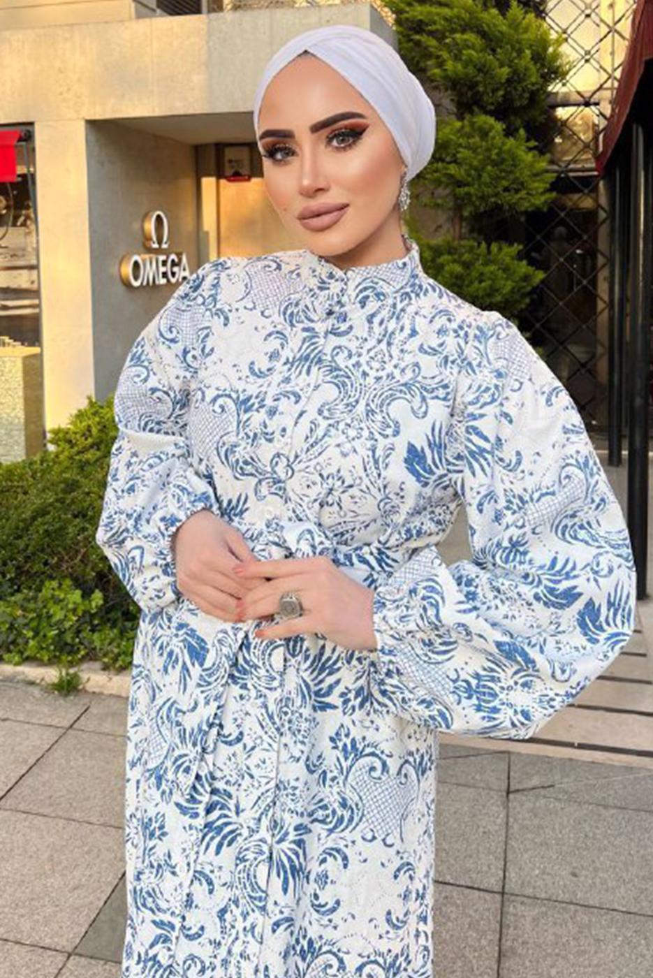 Tesettür giyim BEYAZ DESENLİ KUŞAKLI KETEN ELBİSE 8337 