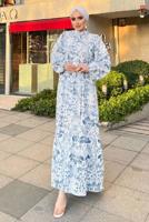 Tesettür giyim BEYAZ DESENLİ KUŞAKLI KETEN ELBİSE 8337 
