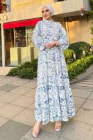 Tesettür giyim BEYAZ DESENLİ KUŞAKLI KETEN ELBİSE 8337 