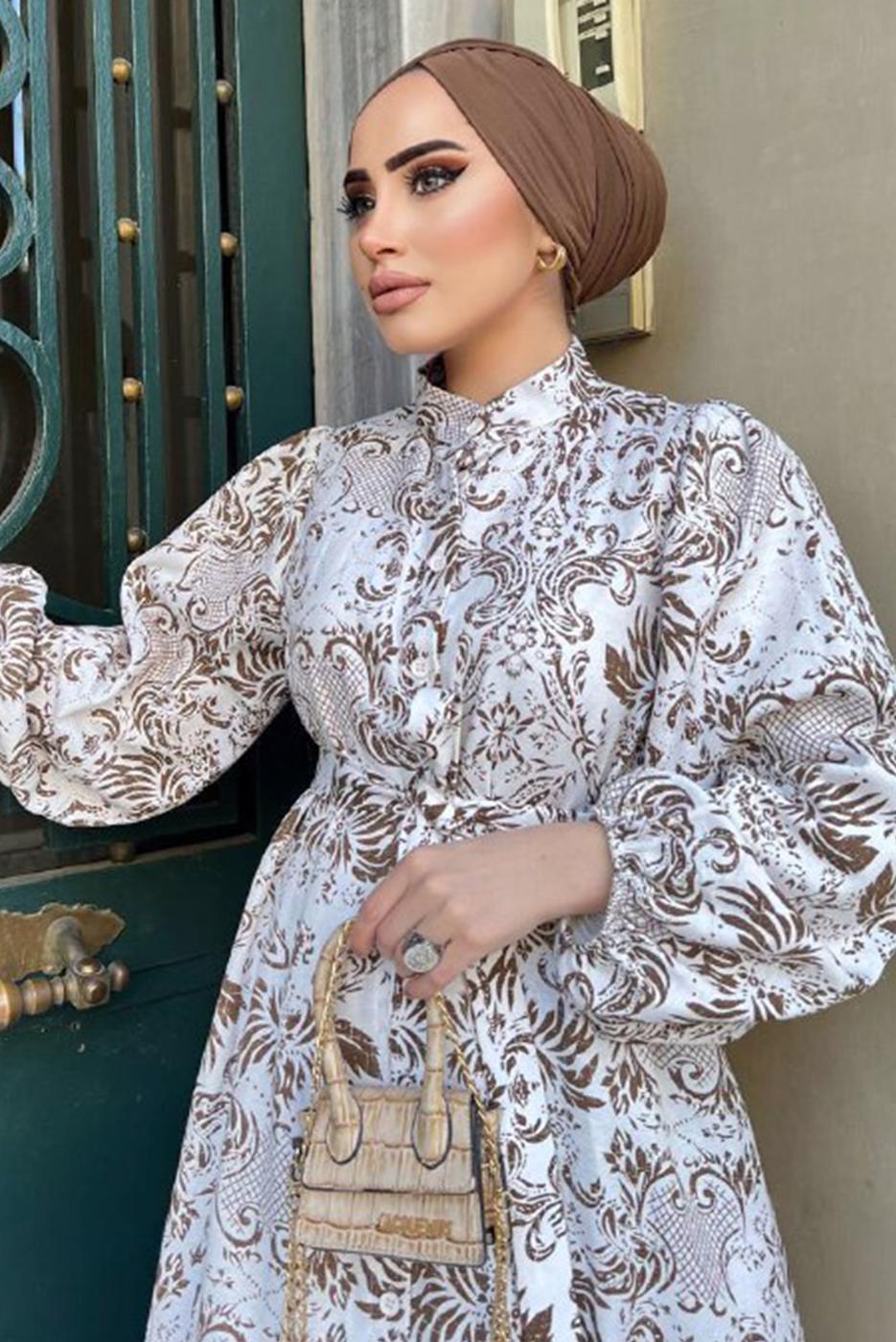 Tesettür giyim BEYAZ DESENLİ KUŞAKLI KETEN ELBİSE 8337 