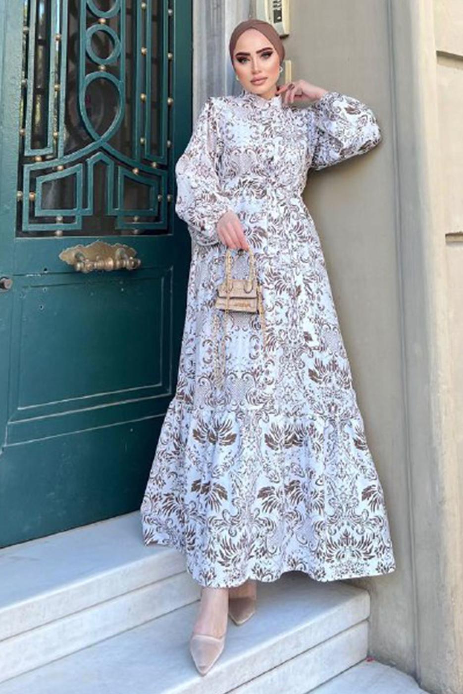 Tesettür giyim BEYAZ DESENLİ KUŞAKLI KETEN ELBİSE 8337 