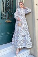 Tesettür giyim BEYAZ DESENLİ KUŞAKLI KETEN ELBİSE 8337 