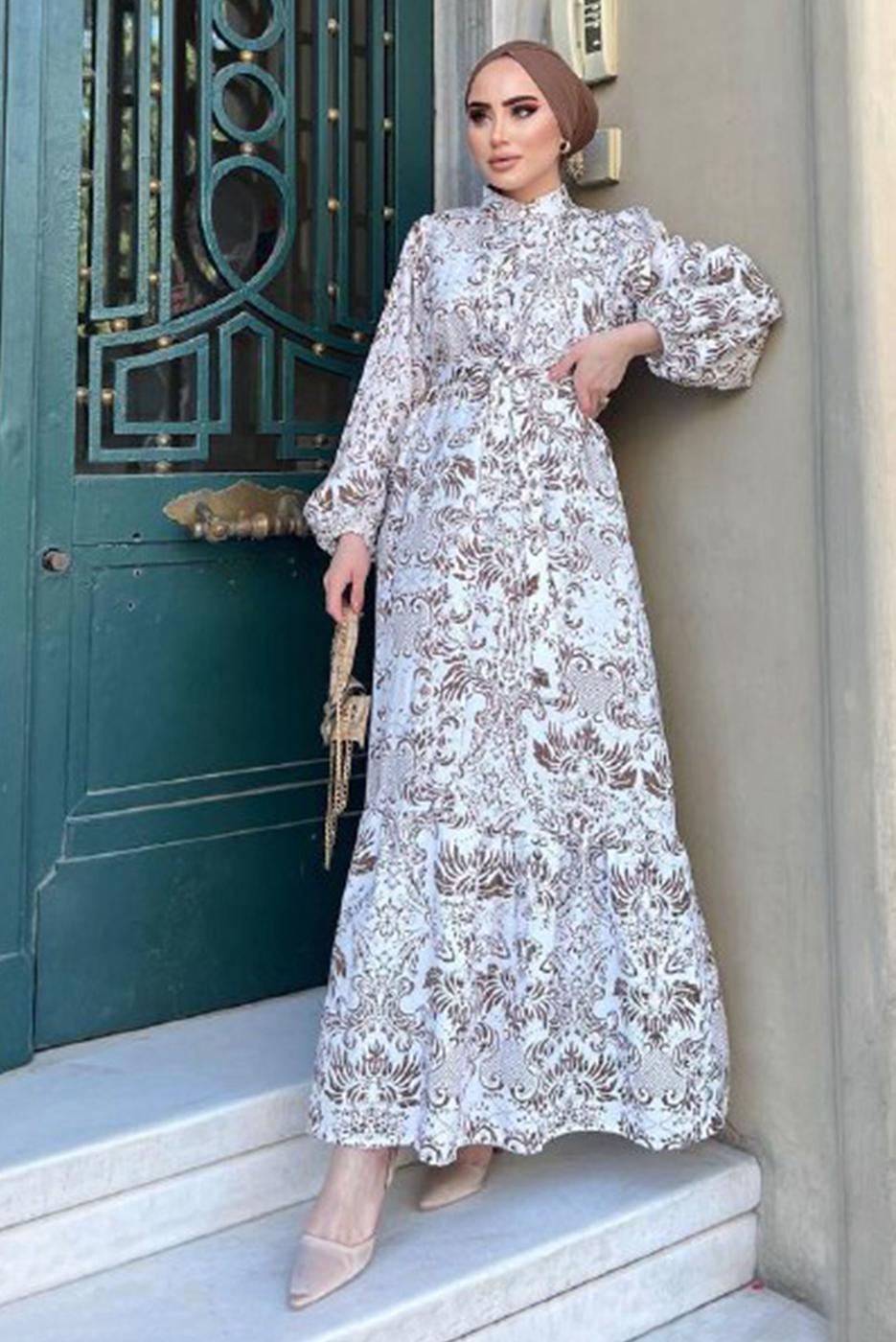 Tesettür giyim BEYAZ DESENLİ KUŞAKLI KETEN ELBİSE 8337 