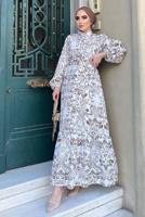 Tesettür giyim BEYAZ DESENLİ KUŞAKLI KETEN ELBİSE 8337 