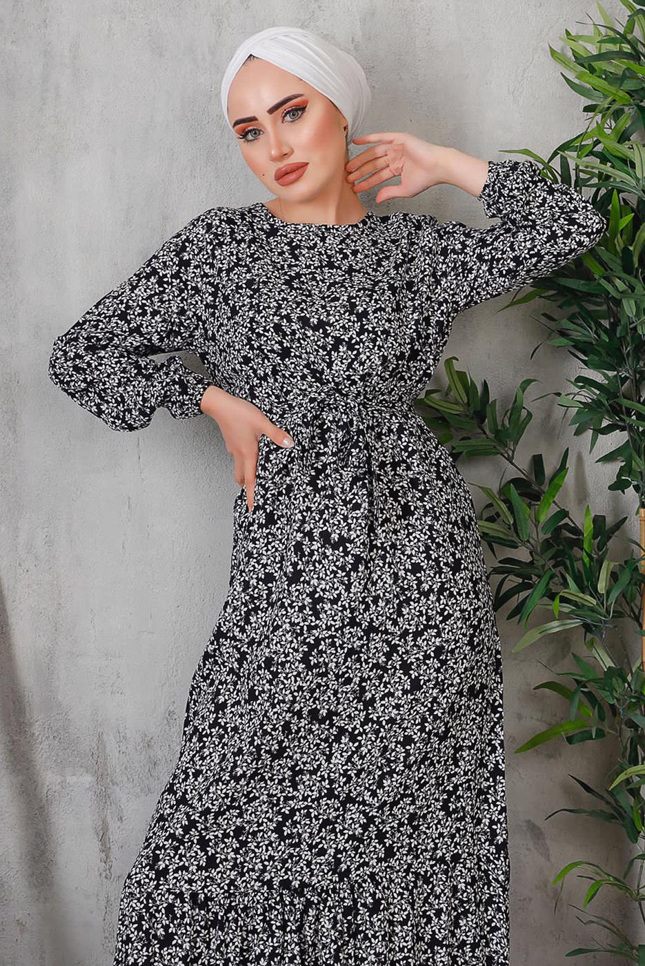 Tesettür giyim SİYAH ÇİÇEK DESENLİ ELBİSE 8352 