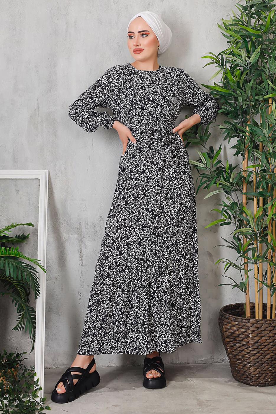 Tesettür giyim SİYAH ÇİÇEK DESENLİ ELBİSE 8352 