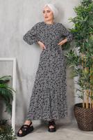 Tesettür giyim SİYAH ÇİÇEK DESENLİ ELBİSE 8352 