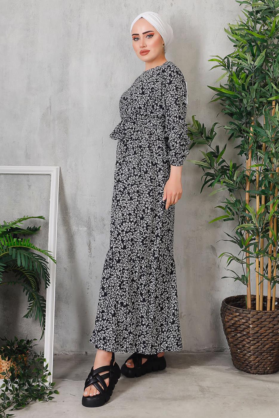Tesettür giyim SİYAH ÇİÇEK DESENLİ ELBİSE 8352 