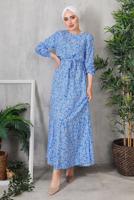 Tesettür giyim MAVİ ÇİÇEK DESENLİ ELBİSE 8352 