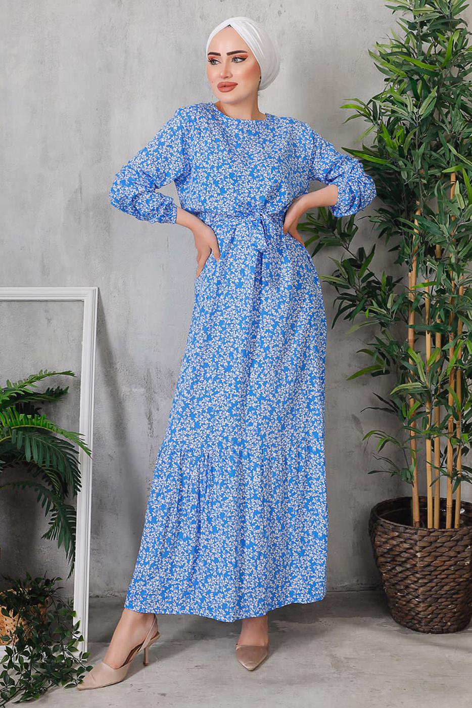 Tesettür giyim MAVİ ÇİÇEK DESENLİ ELBİSE 8352 