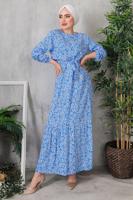 Tesettür giyim MAVİ ÇİÇEK DESENLİ ELBİSE 8352 