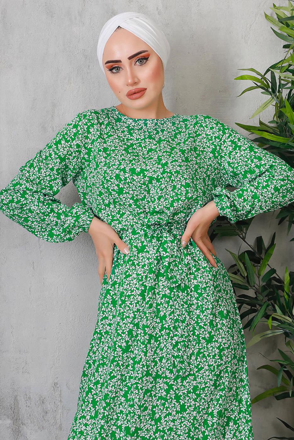 Tesettür giyim YEŞİL ÇİÇEK DESENLİ ELBİSE 8352 